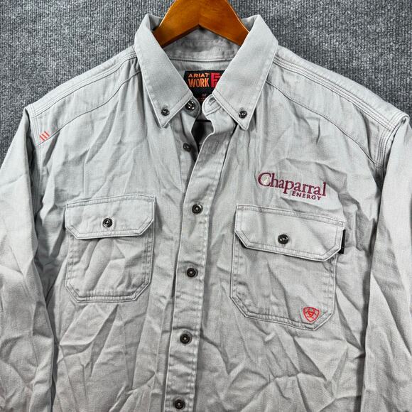 Ariat Work FR Button Up Shirt Men's XLT Beige Work Shirt Western Flame Resist - Picture 3 of 11